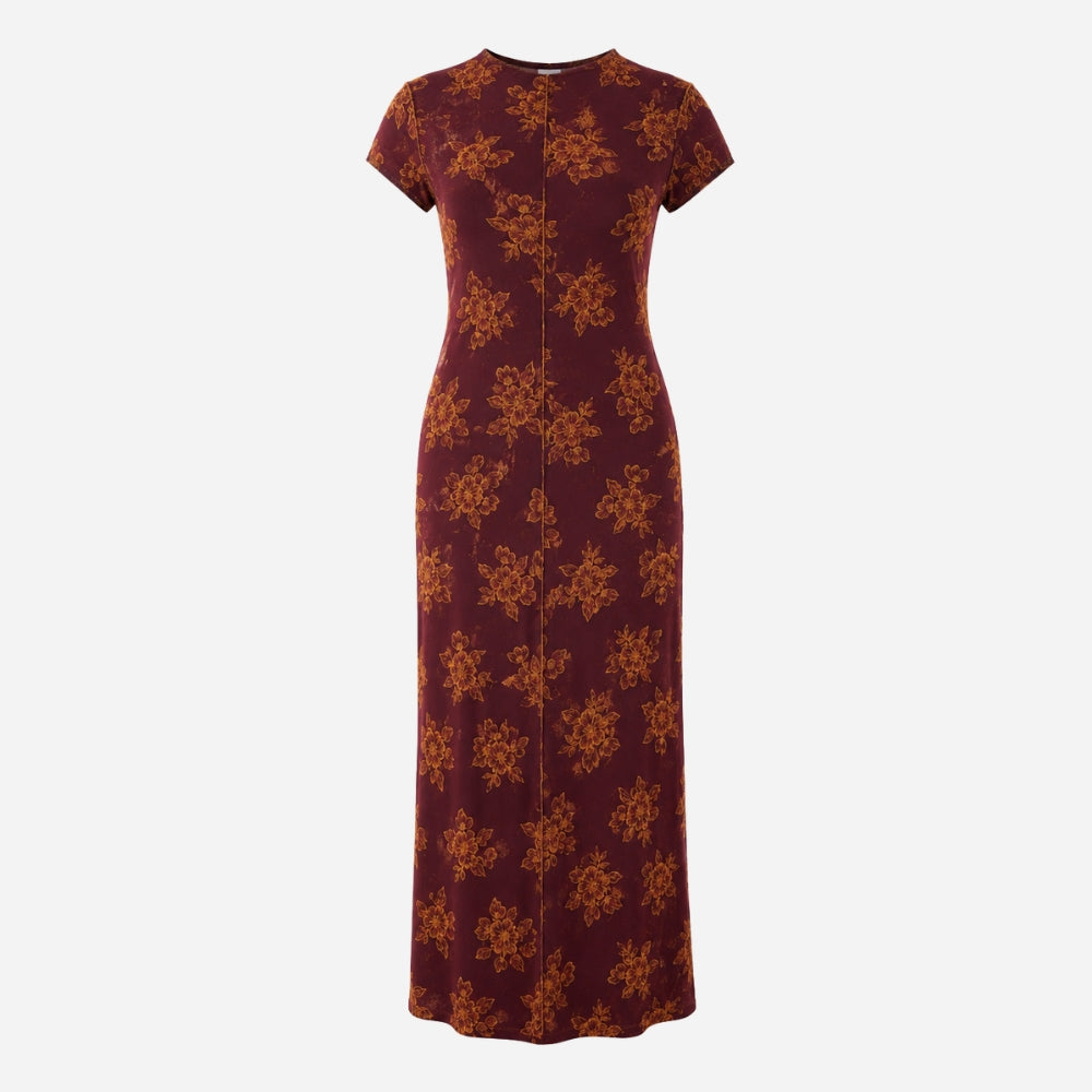 Floor-length burgundy dress with an all-over orange floral print, from the Lunaré Dresses collection.