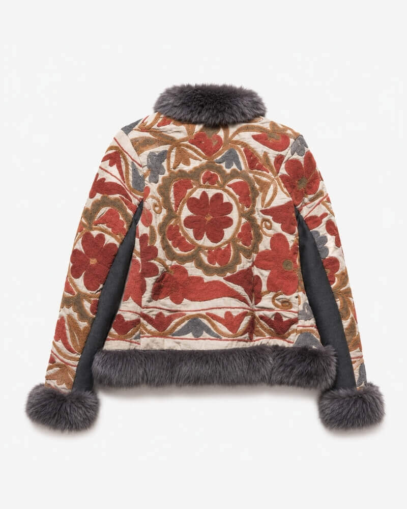 The Afghan Coat Eliza by Lunaré – back view, cream jacket with rust and tan hand-embroidered floral medallion pattern and dark grey shaggy fur collar and cuffs.