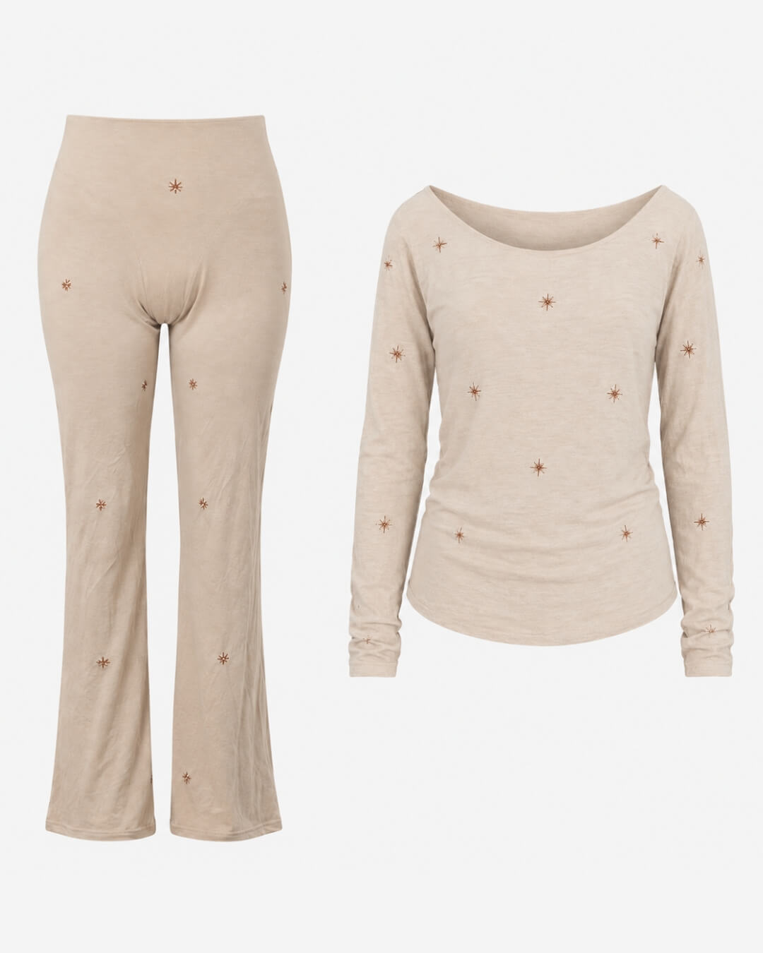 Estrania Set by Lunaré – product shot, beige loungewear set with rust star embroidery on long-sleeve top and flared pants.