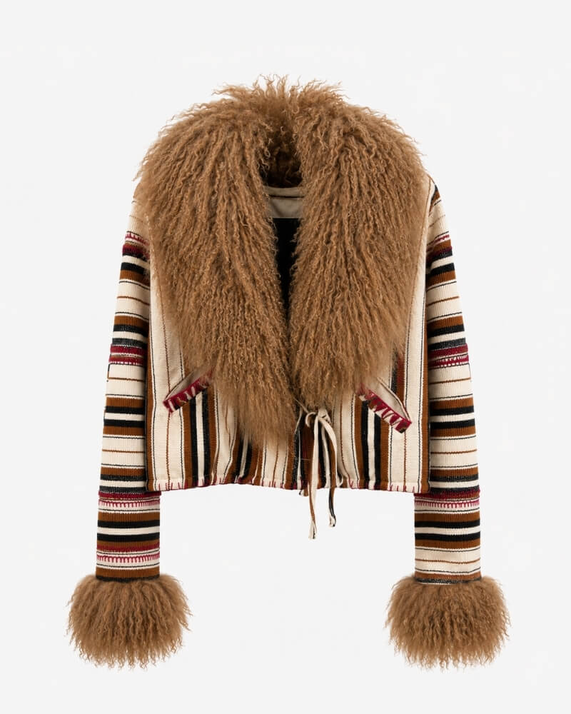 The Afghan Coat Karen No. 1 by Lunaré – flat lay detail, striped knit jacket with camel shaggy shearling collar and cuffs.