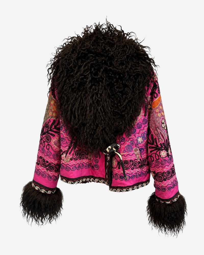 The Afghan Coat Martina No. 2 by Lunaré – front view, pink and black hand-embroidered geometric pattern jacket with a black Tibetan lamb fur collar and cuffs.