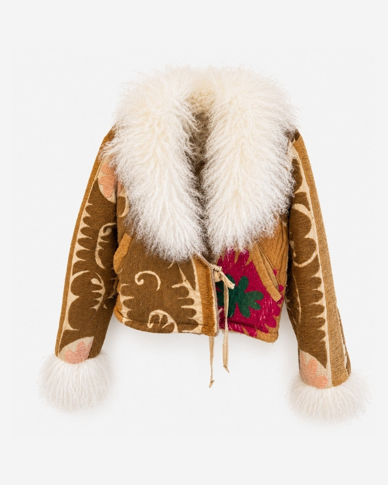 Martina Afghan Jacket No. 11, front view, in mustard brown with an embroidered swirl pattern, a cream shearling collar and cuffs, and a pink and green floral trim at the front tie closure.