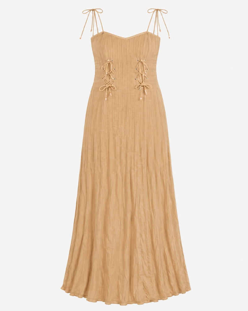 Rose Dress in camel, strap version with tie-shoulder straps and adjustable front lacing with pearl detail.