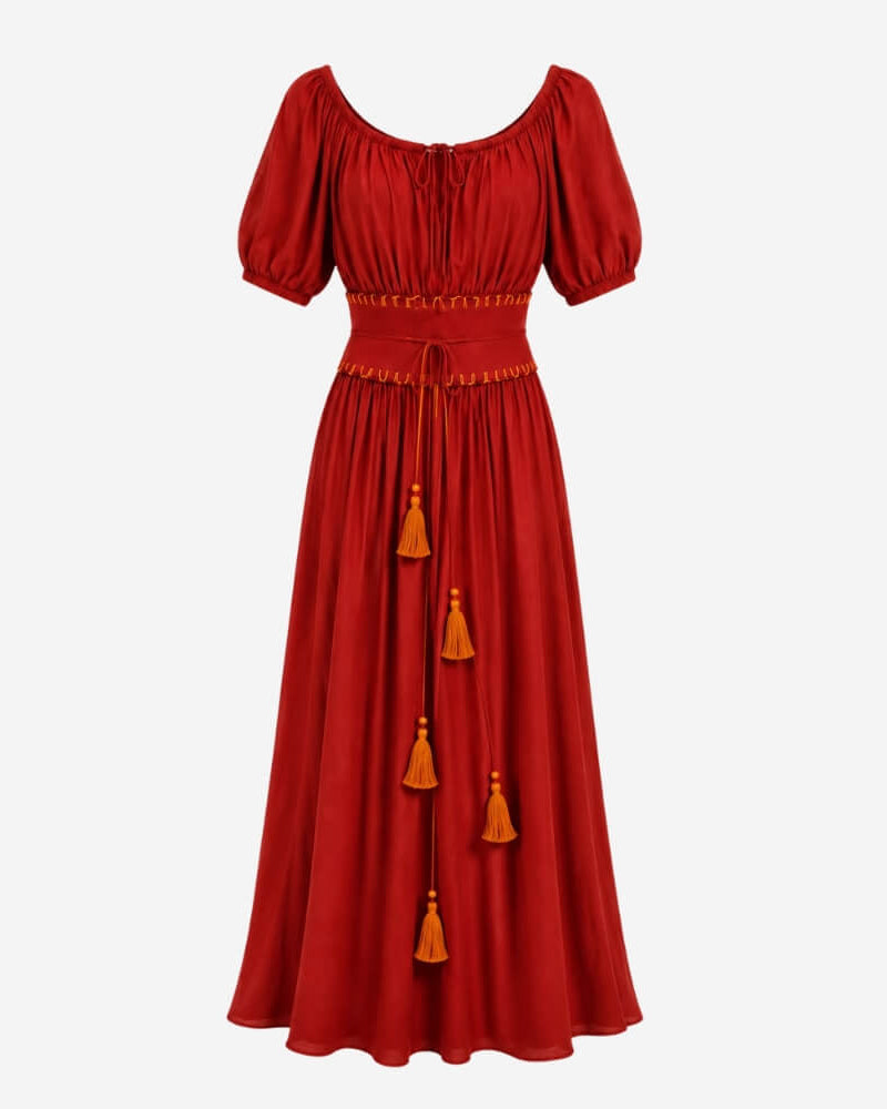 Sanaya Kim Dress by Lunaré – flat lay, rust red maxi dress with short puff sleeves and tasseled waist tie.