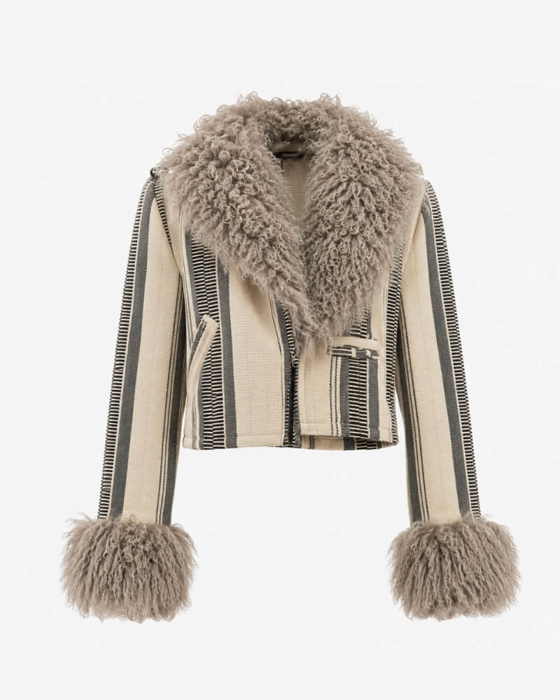 The Afghan Coat Karen No. 2 by Lunaré – front view, cropped handwoven cream and black striped wool jacket with taupe shaggy shearling collar and cuffs.