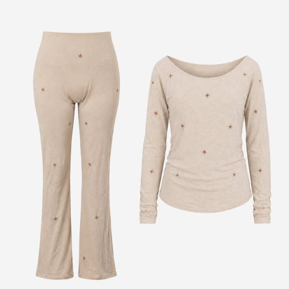 Soft loungewear set in beige with a subtle star print, from the Lunaré Loungewear collection.