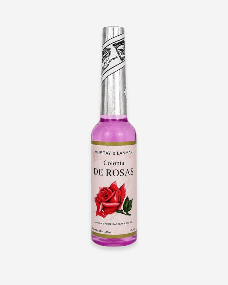 Murray & Lanman Colonia de Rosas rose floral water bottle with pink liquid and a rose-print label.