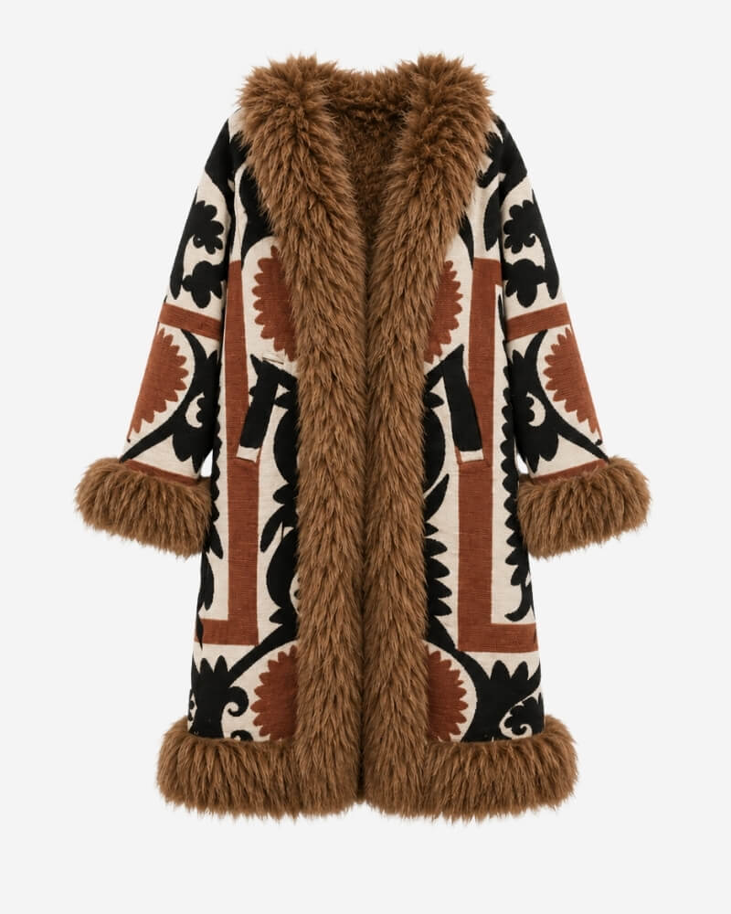 The Afghan Coat Ragna No. 3 by Lunaré – front view, long mid-calf coat with rust, black and cream hand-embroidered pattern and camel-toned shaggy shearling trim.