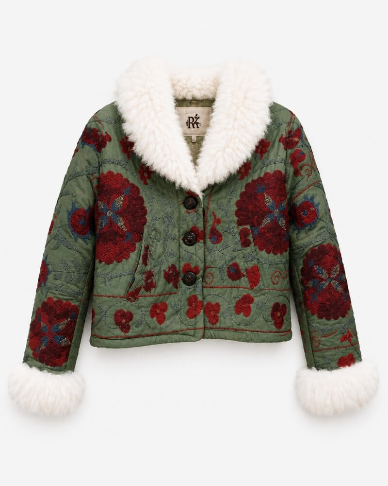 The Afghan Coat Coco No. 2 by Lunaré – front view, sage-green biker-style jacket with burgundy hand-embroidered floral medallions, three buttons and cream shaggy shearling collar and cuffs.