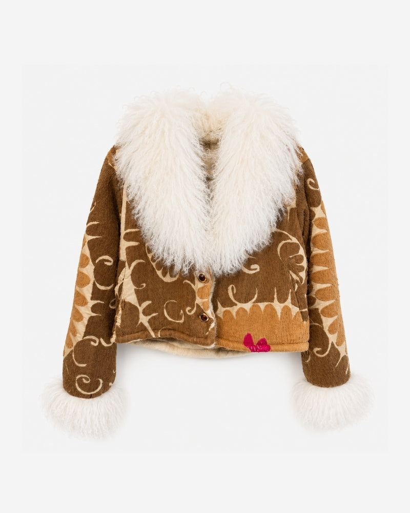 Coco Afghan Jacket No. 5 (M/L), front view, in tan with an embroidered vine pattern, a cream shearling collar and cuffs, and button front closure with a small pink floral accent.