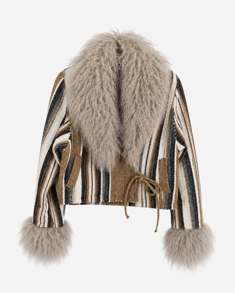 The Afghan Coat Karen No. 3 by Lunaré – flat lay front view, cropped handwoven brown, cream and black striped wool jacket with tan leather tie closure and grey shaggy shearling collar and cuffs.
