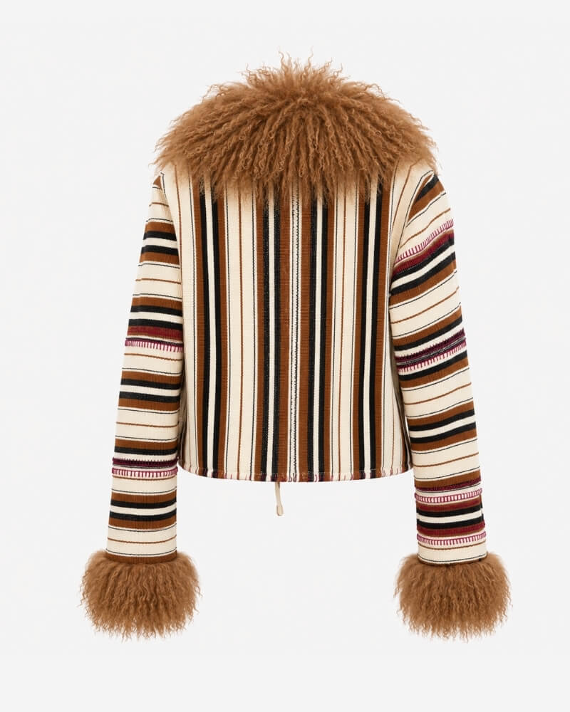 The Afghan Coat Karen No. 1 by Lunaré – flat lay front view, handwoven cream, red and black striped wool jacket with lace-up front and camel shearling collar and cuffs.