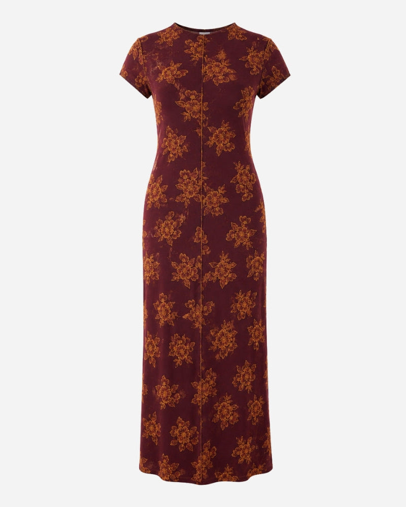 Luna Dress in burgundy floral print viscose, short wide sleeves, round neckline with a small V, fitted bodice flowing into a full-length skirt.