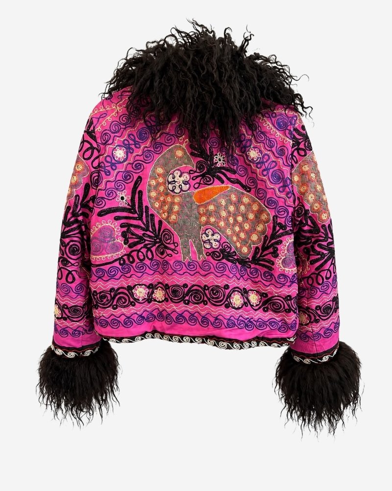 The Afghan Coat Martina No. 2 by Lunaré – back view with a hand-embroidered pink and black pattern featuring a deer and floral motif, black Tibetan lamb fur collar.