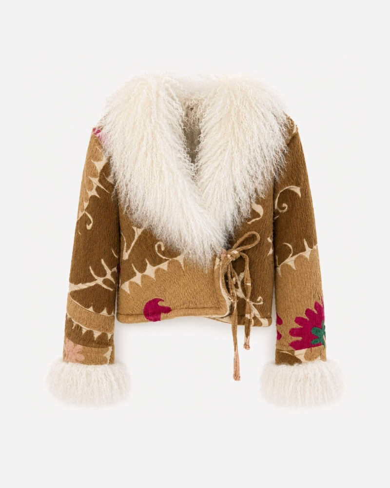 Martina Afghan Jacket No. 10, front view, in tan with an embroidered vine pattern, pink and green floral accents, a cream shearling collar and cuffs, and a tie waist closure.