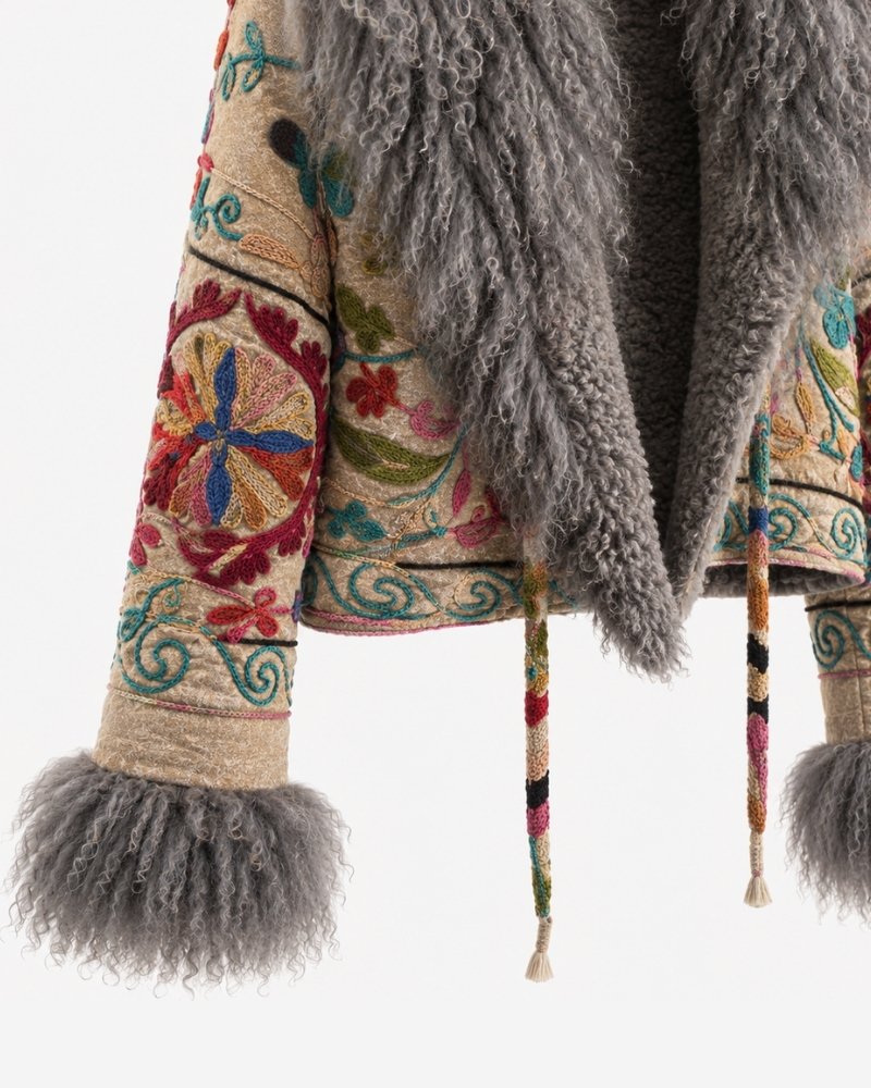 The Afghan Coat Martina No. 3 by Lunaré – close-up of the grey Tibetan lamb fur collar and hand-embroidered floral tie strings.