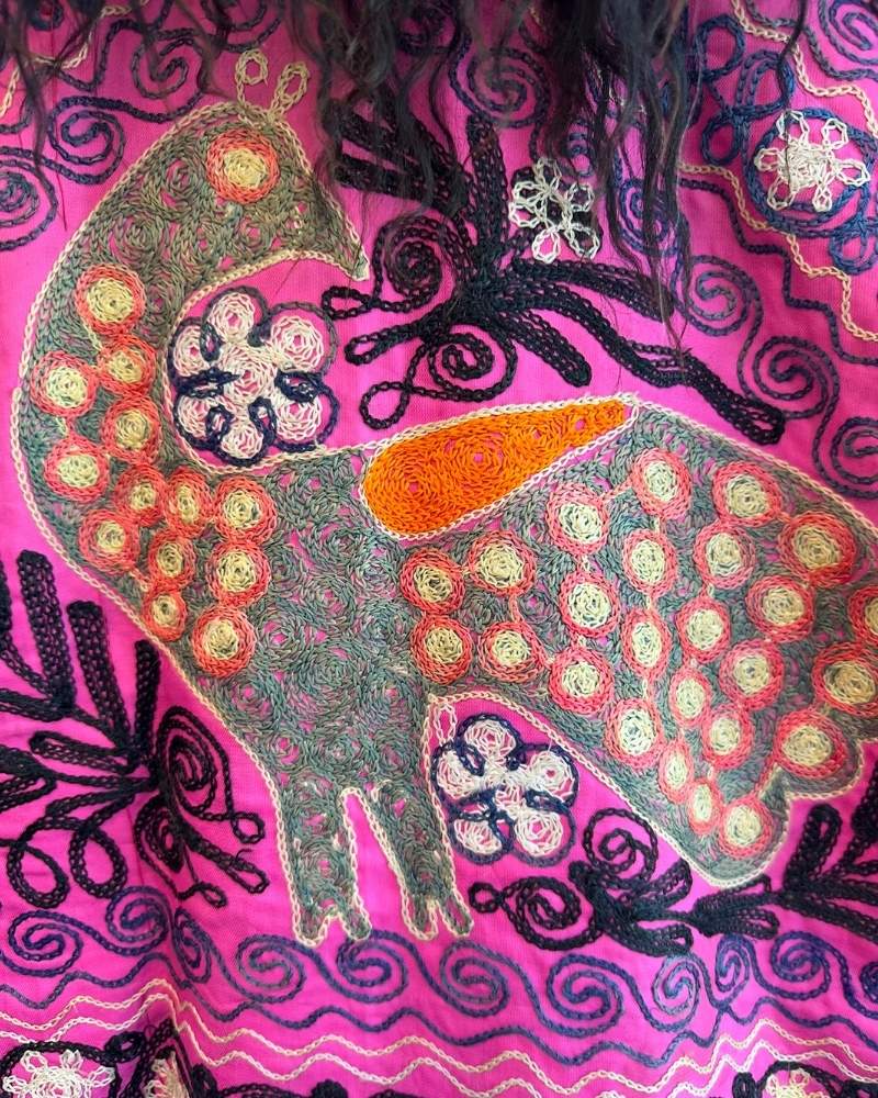 The Afghan Coat Martina No. 2 by Lunaré – close-up embroidery detail, hand-embroidered stylized animal motif in orange, cream and olive on a bright pink base.