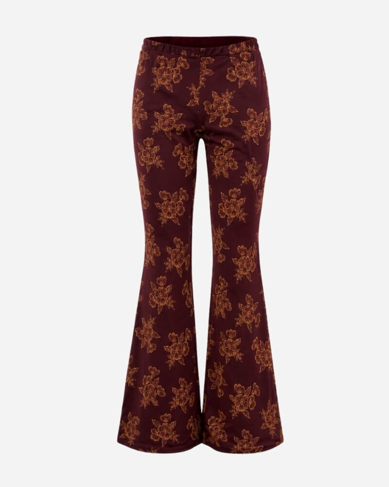 Nube pants by Lunaré – high-waisted flared trousers in burgundy with orange floral print, soft viscose-cotton blend.