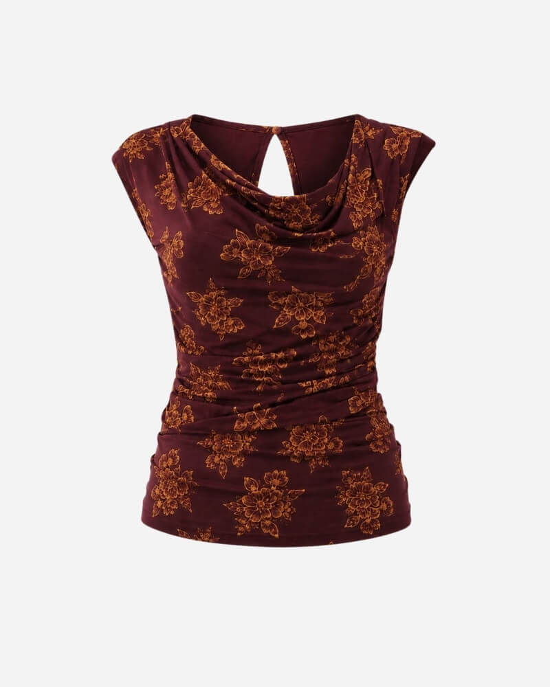 Nube top 1 by Lunaré – draped cowl-neck cap-sleeve top in burgundy with orange floral print, soft viscose-cotton blend.