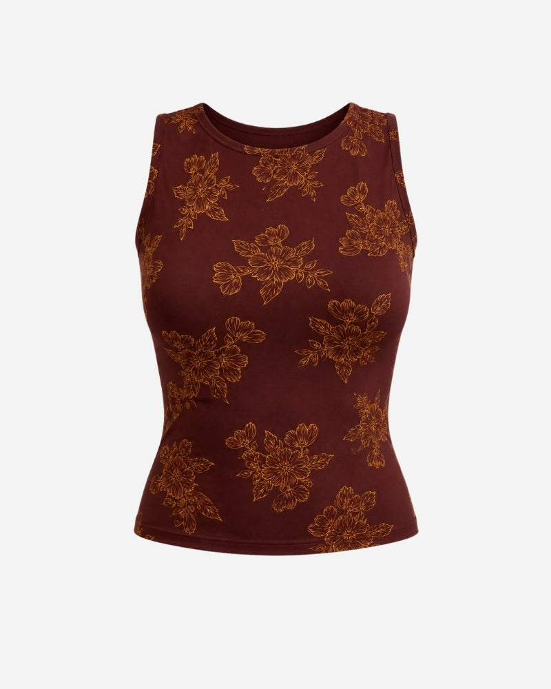 Nube top 2 by Lunaré – sleeveless top with round scoop neck in burgundy with orange floral print, soft viscose-cotton blend.