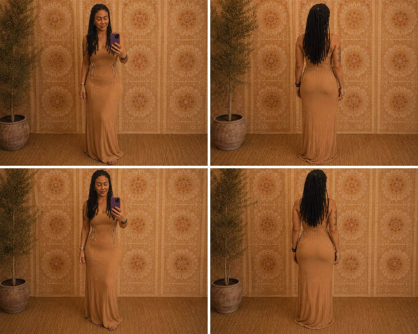 Woman wearing the Rose Dress in camel, strap version, shown from the front and back in multiple poses.