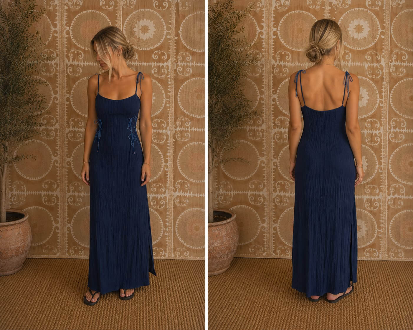 Woman wearing the Rose Dress in navy, strap version, shown from the front and back to highlight the side lacing.