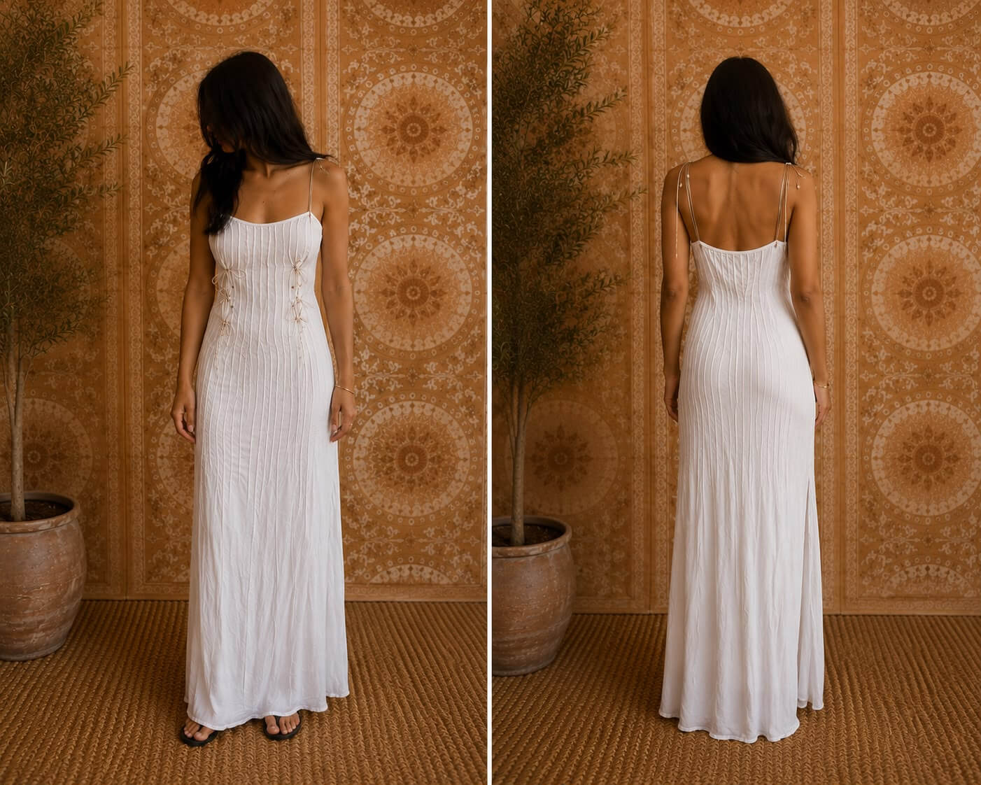 Woman wearing the Rose Dress in white, strap version, shown from the front and back to highlight the fit.