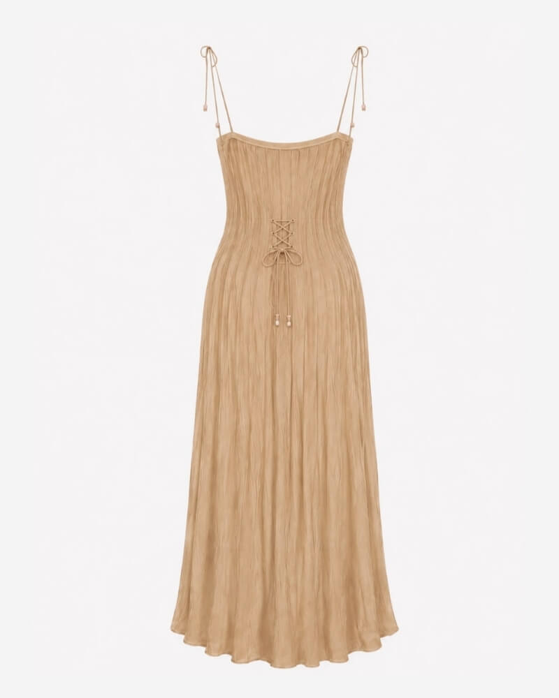 Back view of the Rose Dress in camel, strap version with tie-shoulder straps.