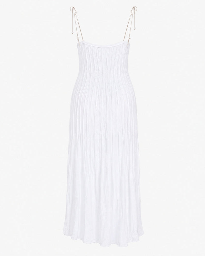 Back view of the Rose Dress in white, strap version with tie-shoulder straps.