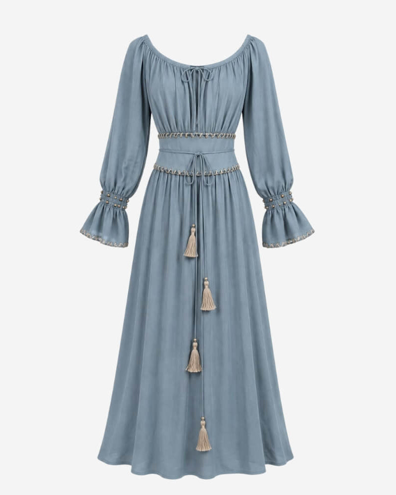 Sanaya Kim Dress by Lunaré – flat lay, dusty blue maxi dress with long bell sleeves and tasseled waist tie.