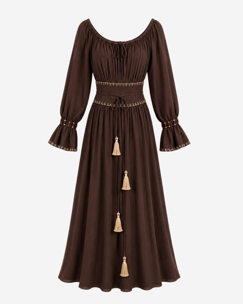 Sanaya Kim Dress by Lunaré – flat lay, dark brown maxi dress with long bell sleeves and tasseled waist tie.