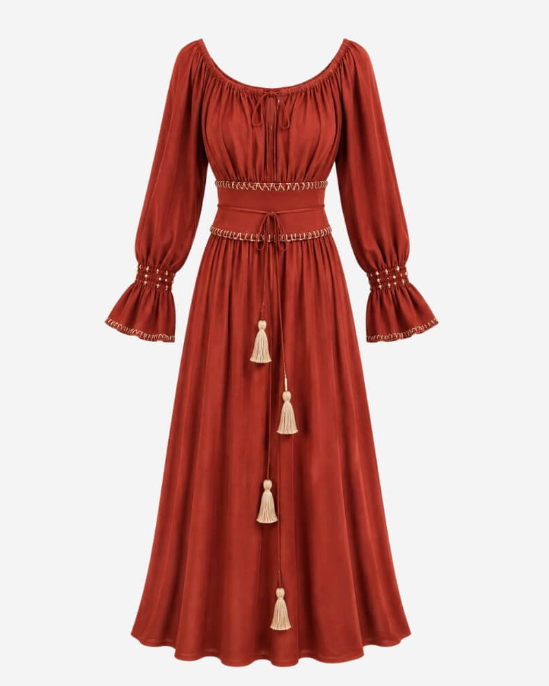 Sanaya Kim Dress by Lunaré – flat lay, rust red maxi dress with long bell sleeves and tasseled waist tie.