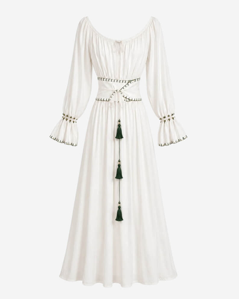 Sanaya Kim Dress by Lunaré – flat lay, white maxi dress with long bell sleeves and dark green tasseled waist tie.