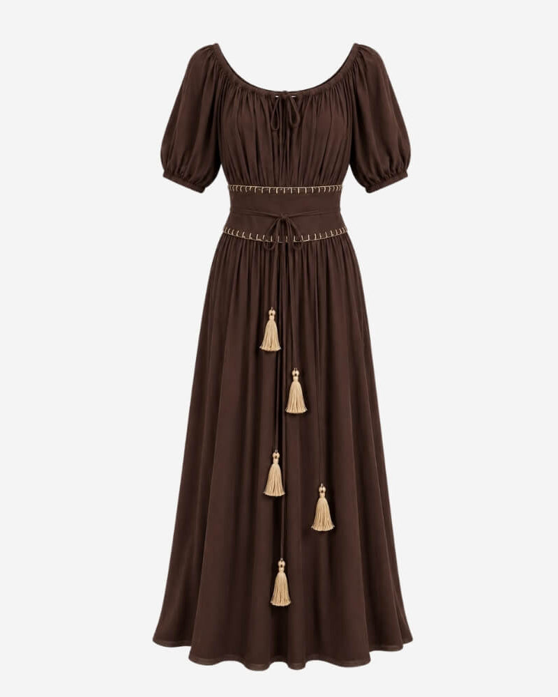 Sanaya Kim Dress by Lunaré – flat lay, dark brown maxi dress with short puff sleeves and tasseled waist tie.