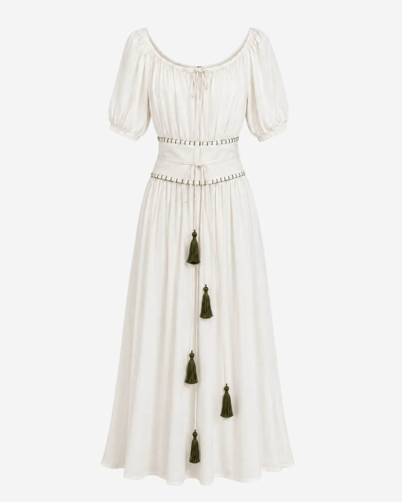 Sanaya Kim Dress by Lunaré – flat lay, cream maxi dress with short puff sleeves and olive tasseled waist tie.