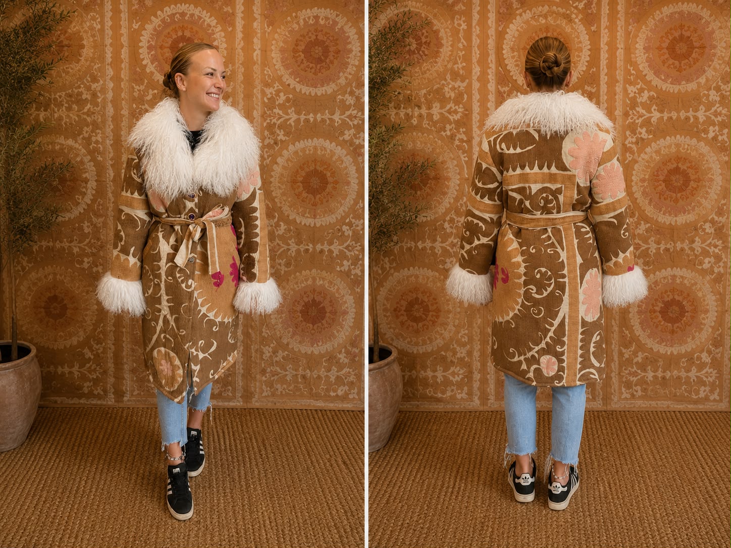 The Afghan Coat Silje by Lunaré – model wearing the tan hand-embroidered mid-calf coat with cream shaggy shearling collar and cuffs, front and back view.