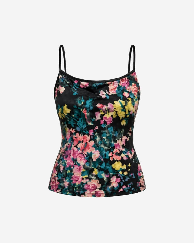 Solita top by Lunaré – black camisole top with pink, yellow, and teal floral print and thin adjustable straps.