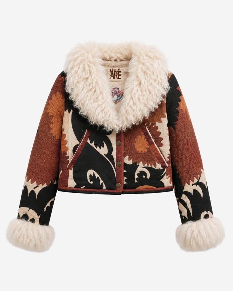 The Afghan Coat Coco No. 1 by Lunaré – front view, cropped rust, black and cream floral jacket with cream shaggy lambskin collar and cuffs and gold-tone buttons.