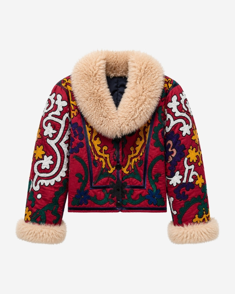 The Afghan Coat Coco No. 3 by Lunaré – front view, crimson red hand-embroidered jacket with white, gold, green and navy floral motifs and camel shaggy shearling collar and cuffs.