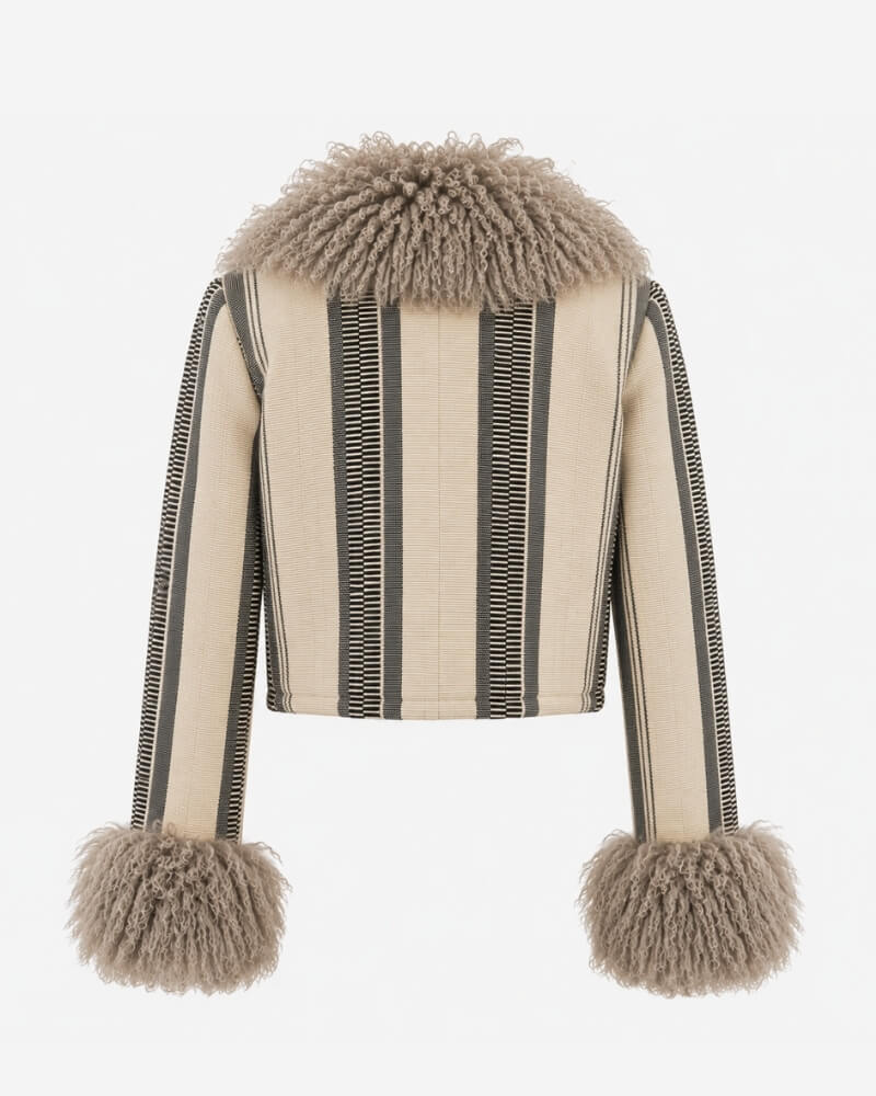 The Afghan Coat Karen No. 2 by Lunaré – back view of the cropped handwoven cream and black striped wool jacket with taupe shaggy shearling collar and cuffs.