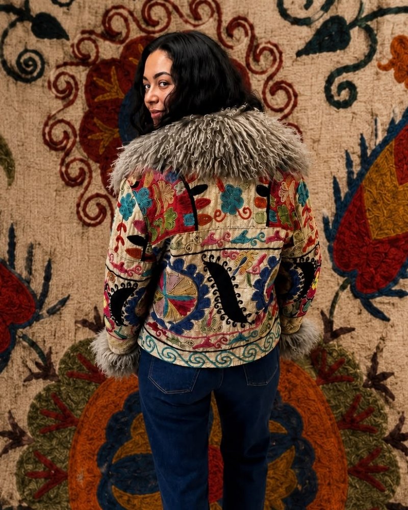 The Afghan Coat Martina No. 3 by Lunaré – back view on model, cream multicolor floral embroidered coat with grey shaggy shearling collar.